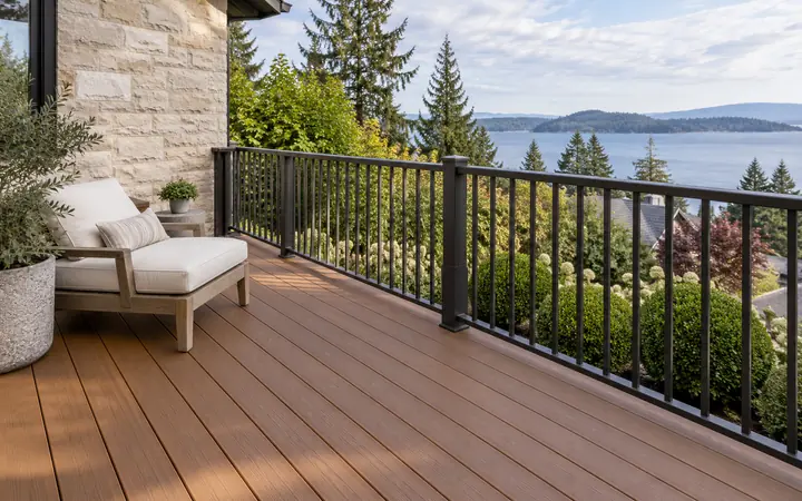 Russet-brown deck boards beside charcoal vertical balusters and an ivory lounge chair.