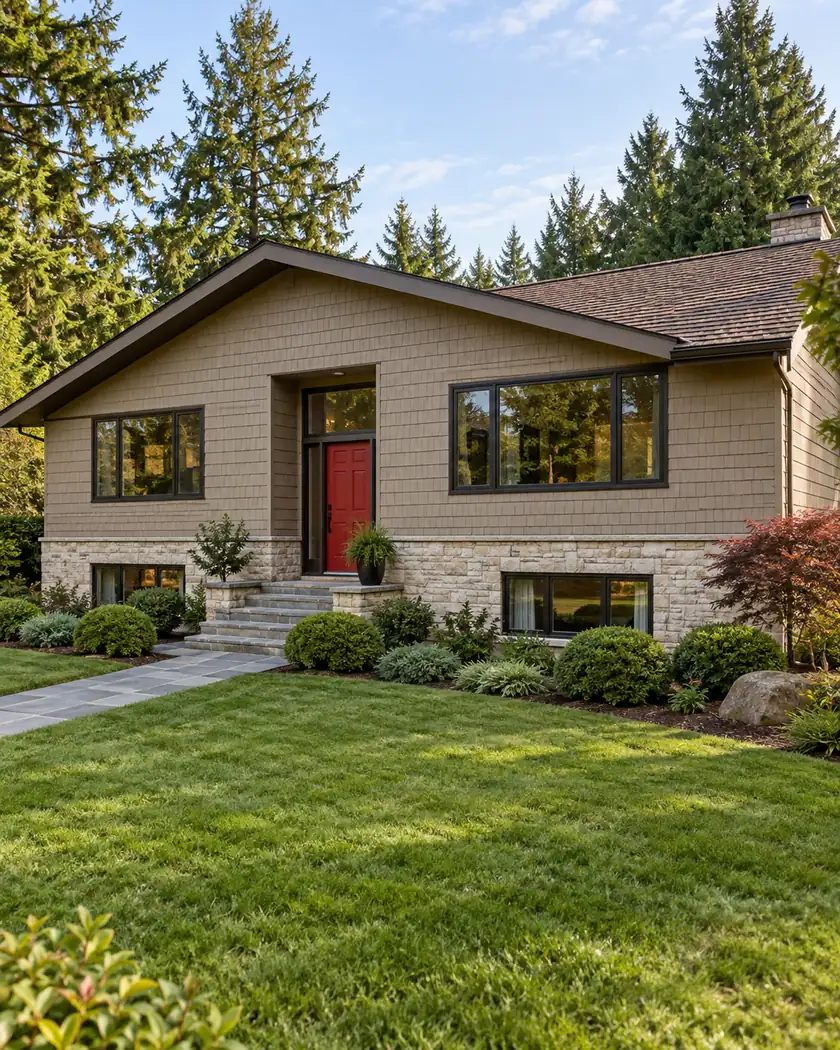 Sand-taupe split-entry home with a broad brown gable roof, bronze windows, limestone lower walls and a red entry door.