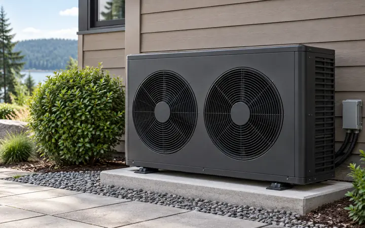Low wide graphite outdoor heat-pump cabinet with two side-by-side circular fans on a pale stone support.