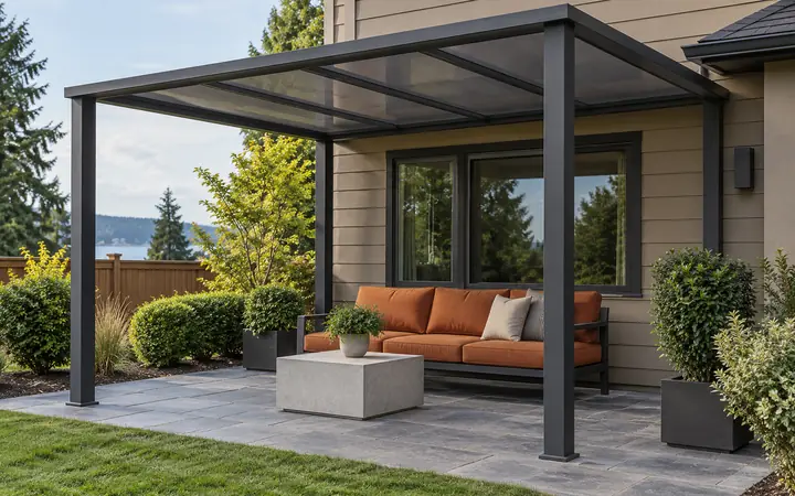 Charcoal patio cover with a smoke-tinted sloping roof above a rust-orange sofa and pale square table.