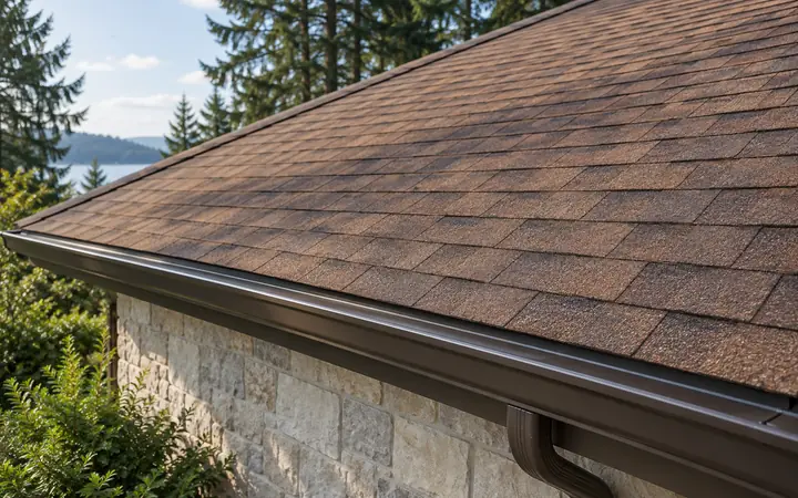 Cinnamon-brown asphalt roof shingles above a bronze gutter and pale limestone wall.