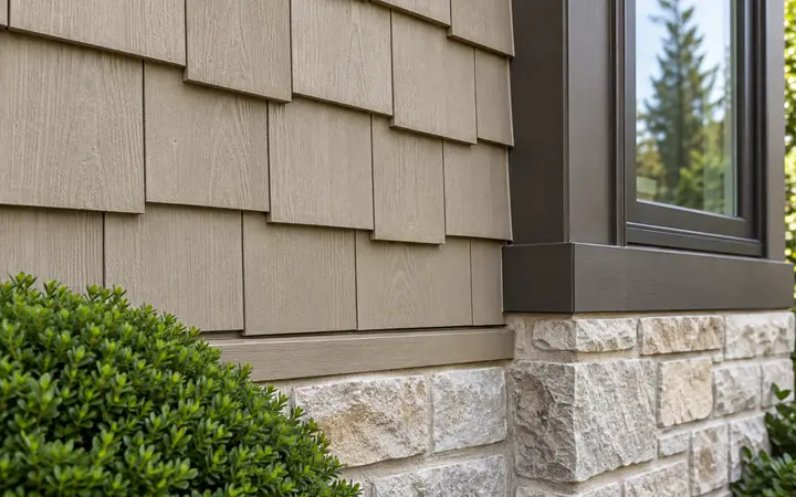 Sand-taupe shingle-style siding beside bronze window trim and a limestone wall base.