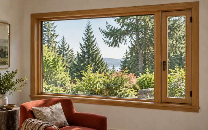 Natural-wood window overlooking evergreens in a pale room beside a red chair.