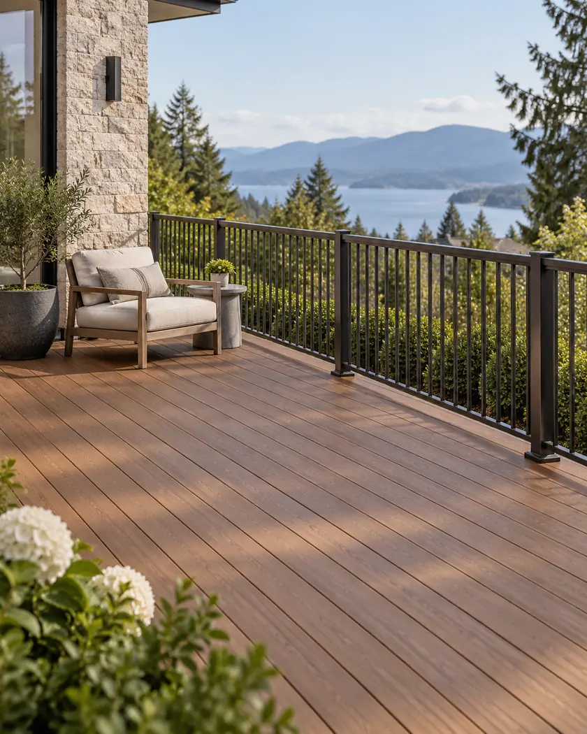 Russet-brown deck boards beside charcoal vertical balusters and an ivory lounge chair.