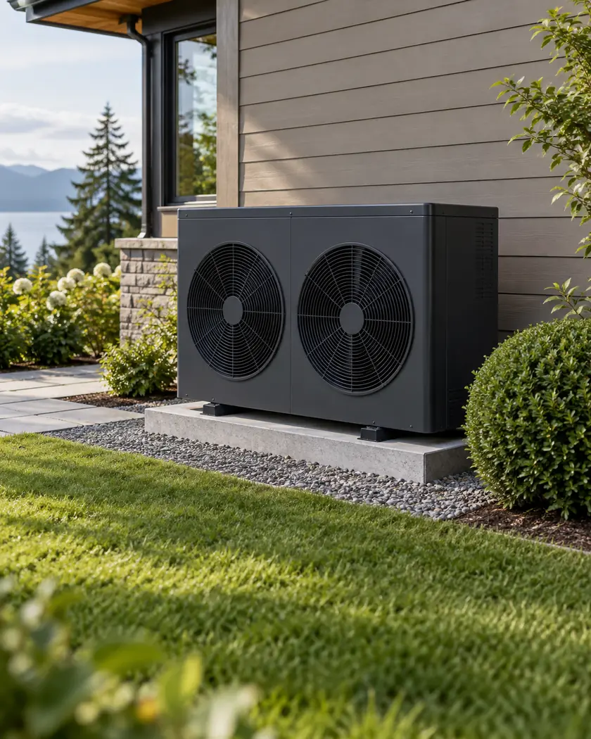 Low wide graphite outdoor heat-pump cabinet with two side-by-side circular fans on a pale stone support.