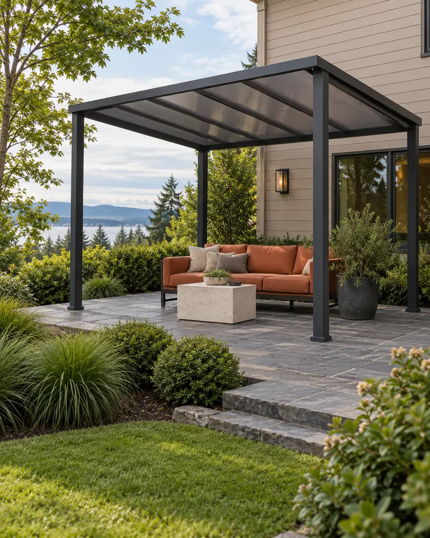 Charcoal patio cover with a smoke-tinted sloping roof above a rust-orange sofa and pale square table.
