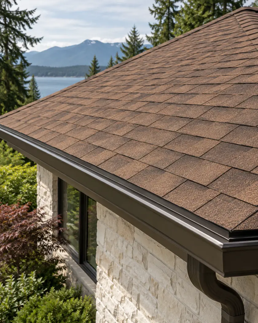 Cinnamon-brown asphalt roof shingles above a bronze gutter and pale limestone wall.