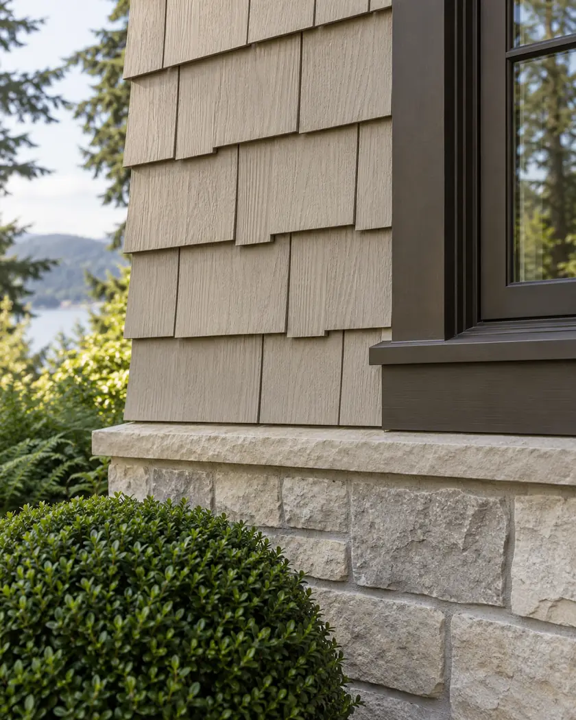 Sand-taupe shingle-style siding beside bronze window trim and a limestone wall base.