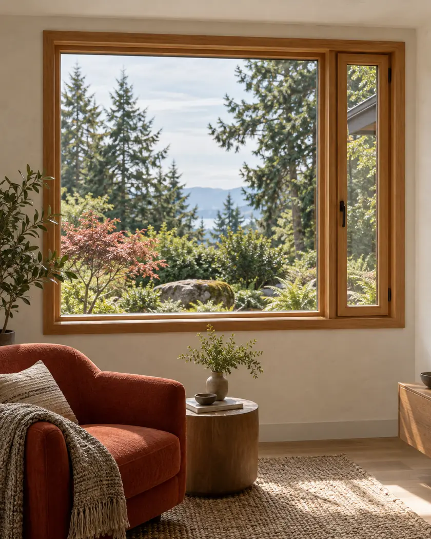 Natural-wood window overlooking evergreens in a pale room beside a red chair.