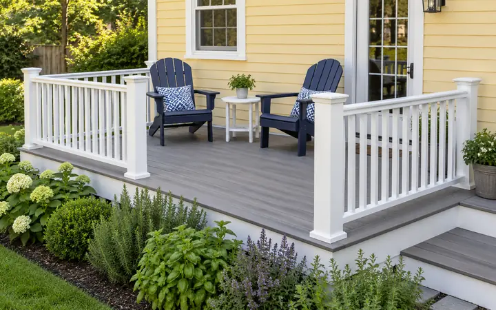 Driftwood-gray deck with white vertical railings, two navy chairs and a round white side table.
