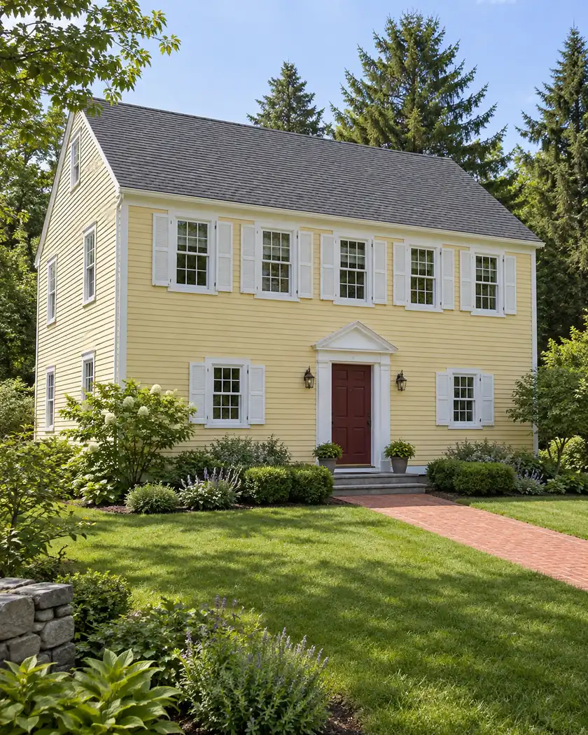 Pale wheat-yellow two-story home with white shutters, a gray gable roof, a burgundy door and a straight brick walkway.