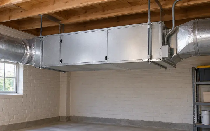 Silver-gray horizontal ducted air handler beneath exposed wood joists with short metal duct connections.