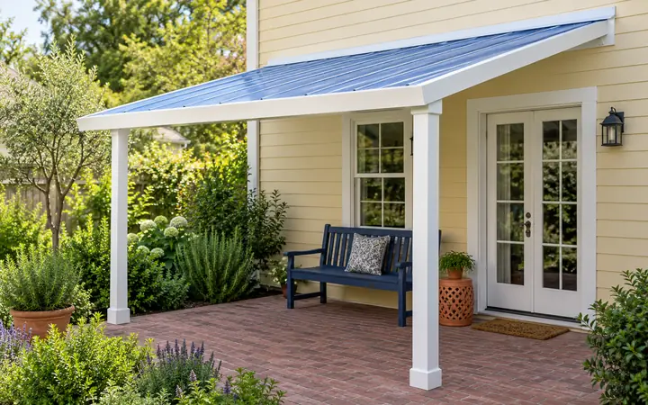 White house-attached patio cover with blue-tinted translucent roofing above a navy bench on a brick terrace.