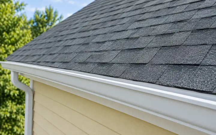 Gray asphalt roof shingles above a white gutter and wheat-yellow clapboard wall.