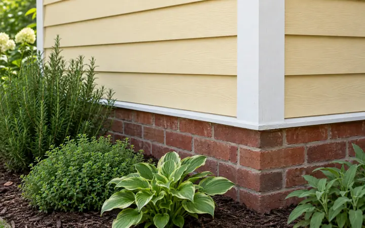Wheat-yellow horizontal siding with white corner trim above a red brick foundation and herb garden.