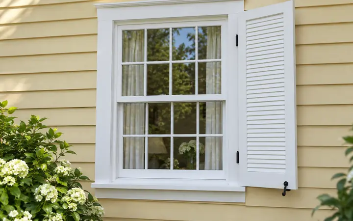 White divided-light window with pale curtains and white shutters in a wheat-yellow clapboard wall.