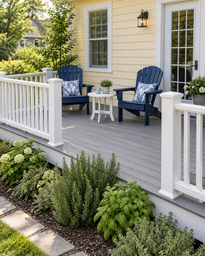Driftwood-gray deck with white vertical railings, two navy chairs and a round white side table.