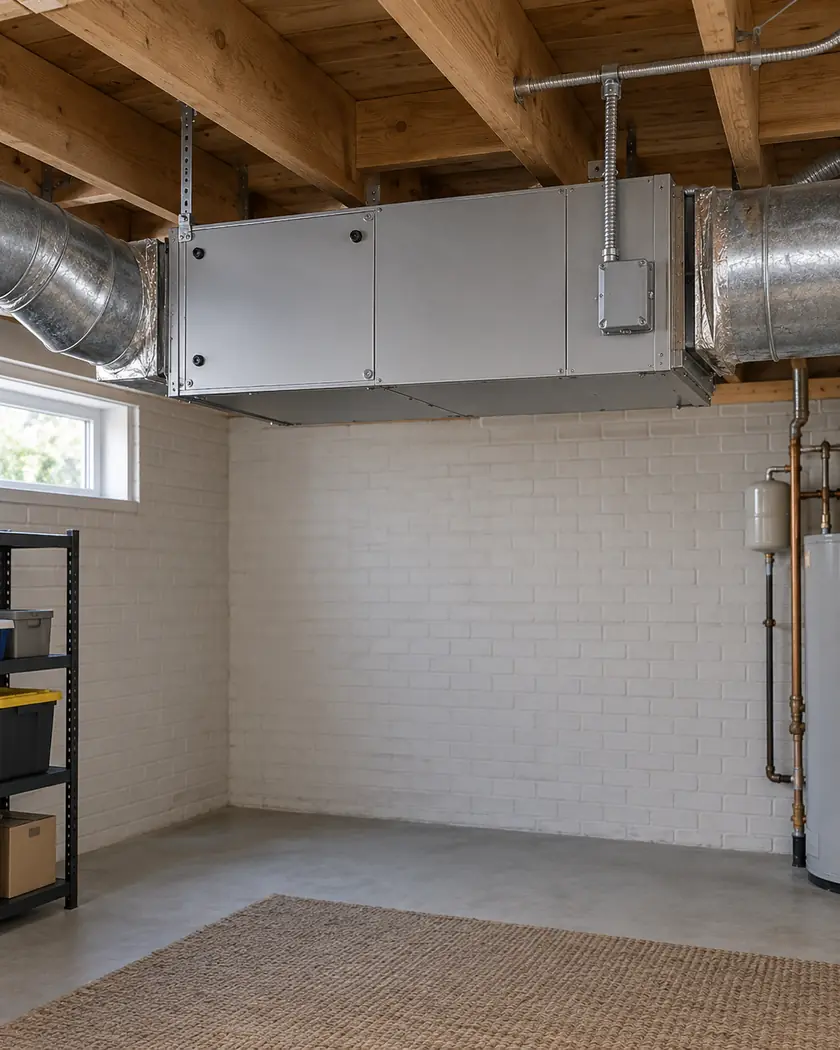 Silver-gray horizontal ducted air handler beneath exposed wood joists with short metal duct connections.