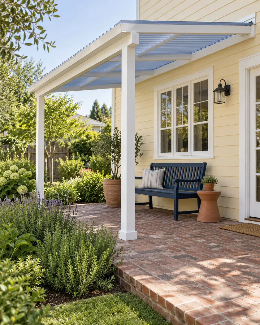 White house-attached patio cover with blue-tinted translucent roofing above a navy bench on a brick terrace.