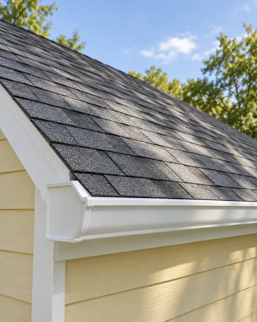 Gray asphalt roof shingles above a white gutter and wheat-yellow clapboard wall.