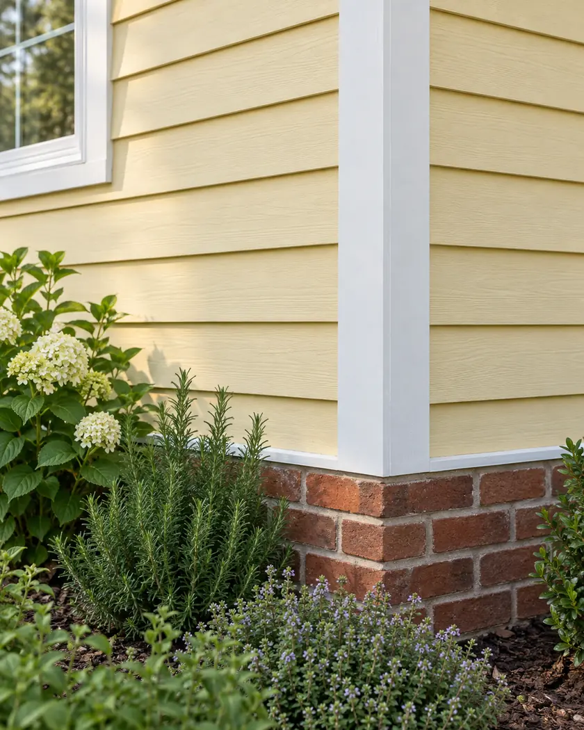 Wheat-yellow horizontal siding with white corner trim above a red brick foundation and herb garden.