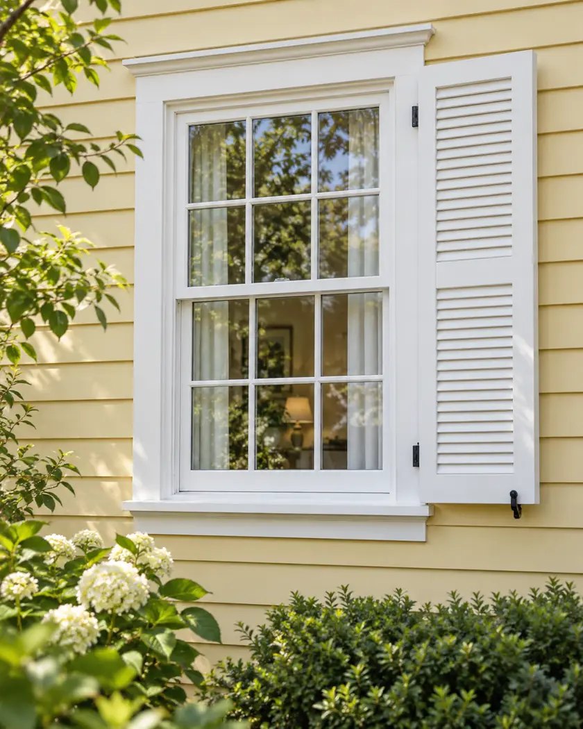 White divided-light window with pale curtains and white shutters in a wheat-yellow clapboard wall.