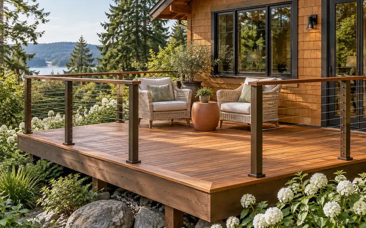Amber deck with bronze posts, horizontal cable railing, ivory wicker chairs and a terracotta table.
