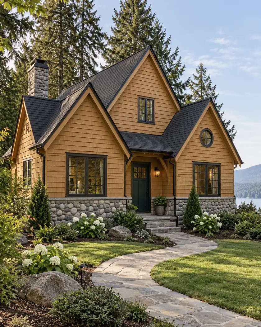 Honey-gold cedar cottage with three steep black gables, bronze window trim, a green door and gray stone lower walls.