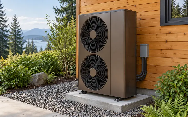 Tall bronze outdoor heat-pump cabinet with two vertically stacked circular fans beside a cedar wall.