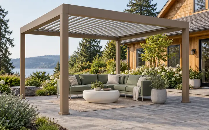 Taupe freestanding patio cover with light-gray louvers above a sage-green sofa and white oval table.