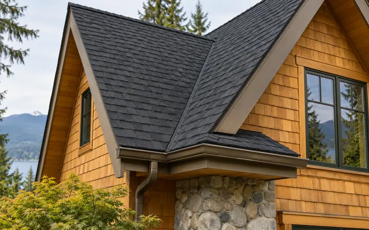 Black shingles at intersecting steep gables above bronze roof trim and honey-gold cedar walls.