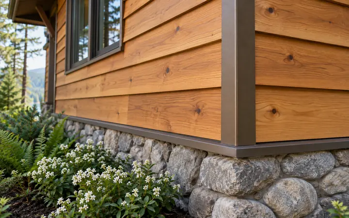 Honey-gold cedar bevel siding with visible grain above a gray riverstone foundation and white flowers.