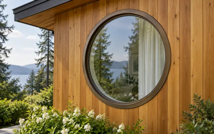 Bronze-framed circular window with a pale curtain in a honey-gold cedar wall beside white flowers.