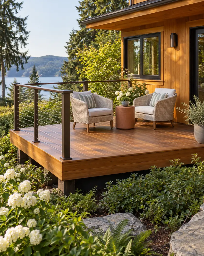 Amber deck with bronze posts, horizontal cable railing, ivory wicker chairs and a terracotta table.