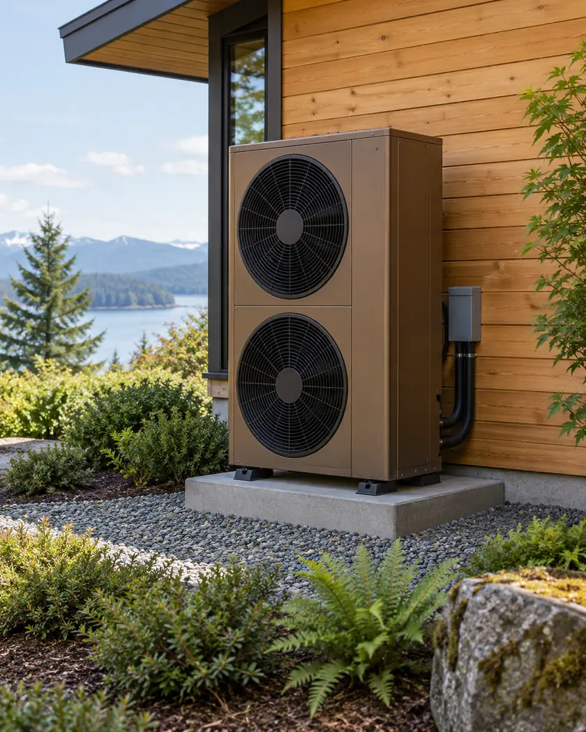 Tall bronze outdoor heat-pump cabinet with two vertically stacked circular fans beside a cedar wall.