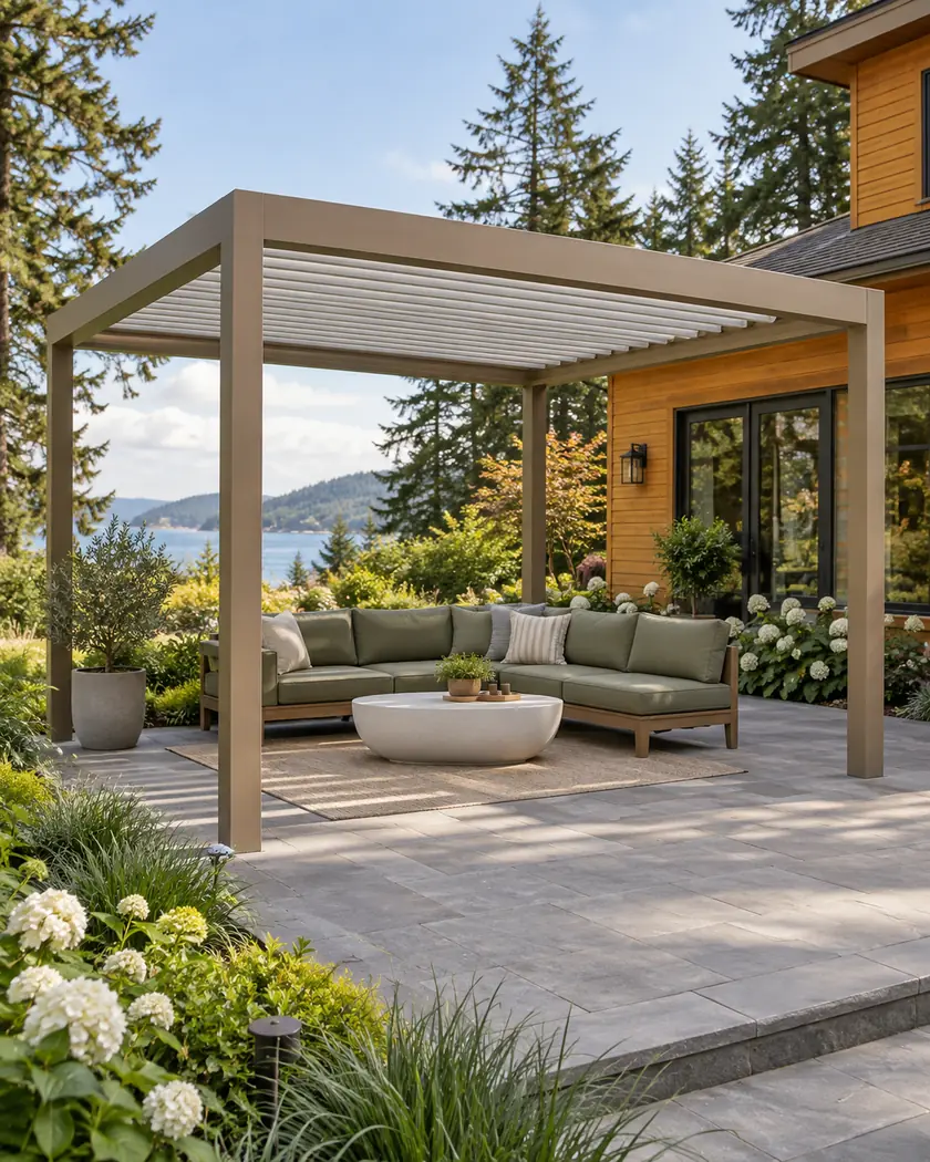 Taupe freestanding patio cover with light-gray louvers above a sage-green sofa and white oval table.