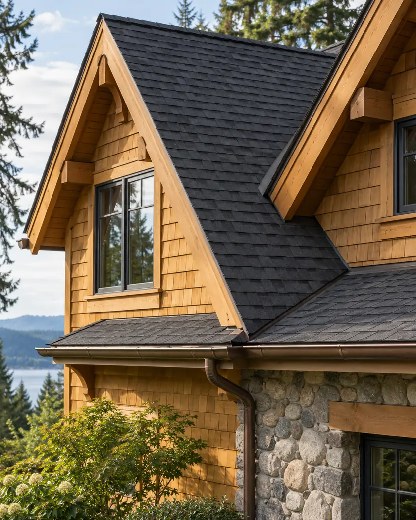 Black shingles at intersecting steep gables above bronze roof trim and honey-gold cedar walls.