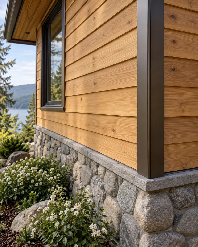Honey-gold cedar bevel siding with visible grain above a gray riverstone foundation and white flowers.