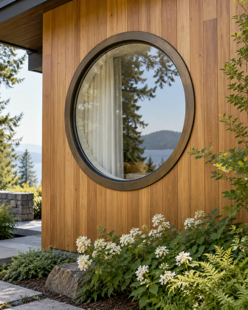 Bronze-framed circular window with a pale curtain in a honey-gold cedar wall beside white flowers.