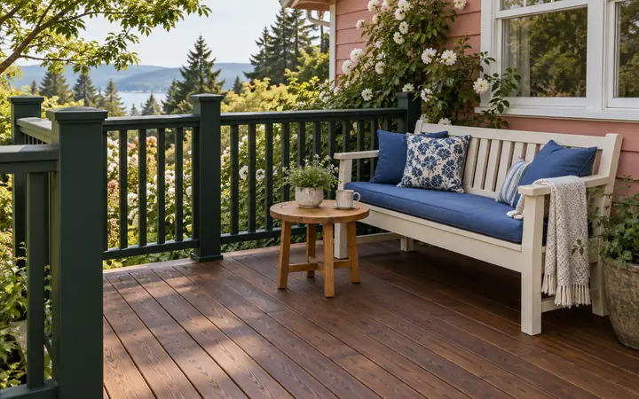 Espresso wood deck with deep-green vertical rails, an ivory bench with blue cushions and a round wood table.