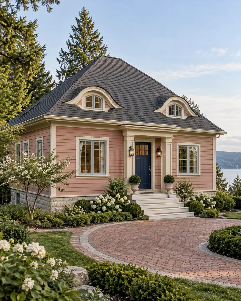 Rose-pink cottage with a charcoal hip roof, two curved dormers, cream trim and a brick forecourt.