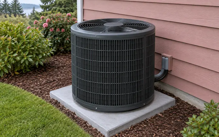 Round graphite outdoor condenser with a top fan on a concrete pad beside rose-pink siding.