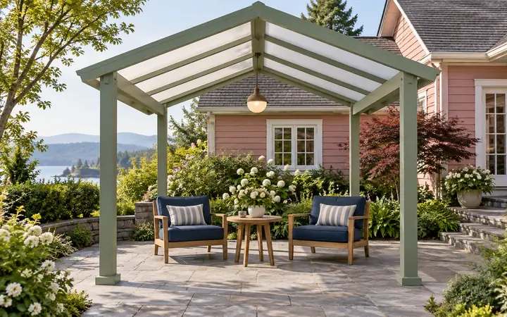 Sage-green freestanding gabled patio cover with a pale translucent roof and pendant light above navy chairs.