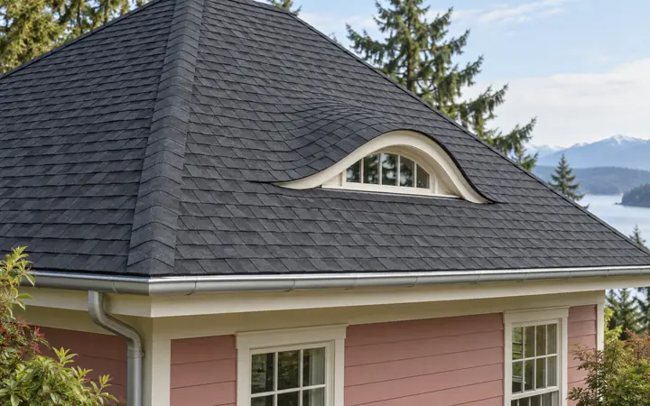 Charcoal shingles at a curved dormer above cream roof trim and rose-pink siding.