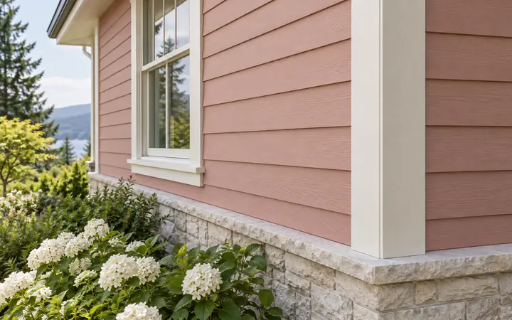 Rose-pink horizontal lap siding with cream corner trim above pale stone and white flowering shrubs.