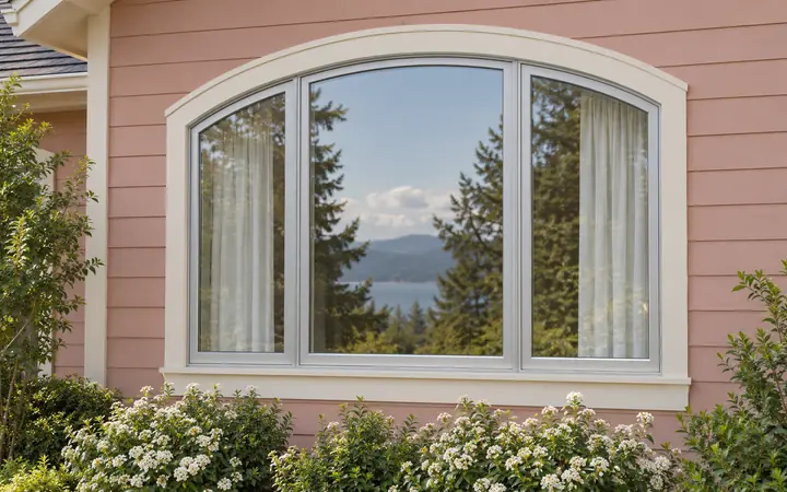 Silver arched-top three-part window with pale curtains in rose-pink siding and cream trim.