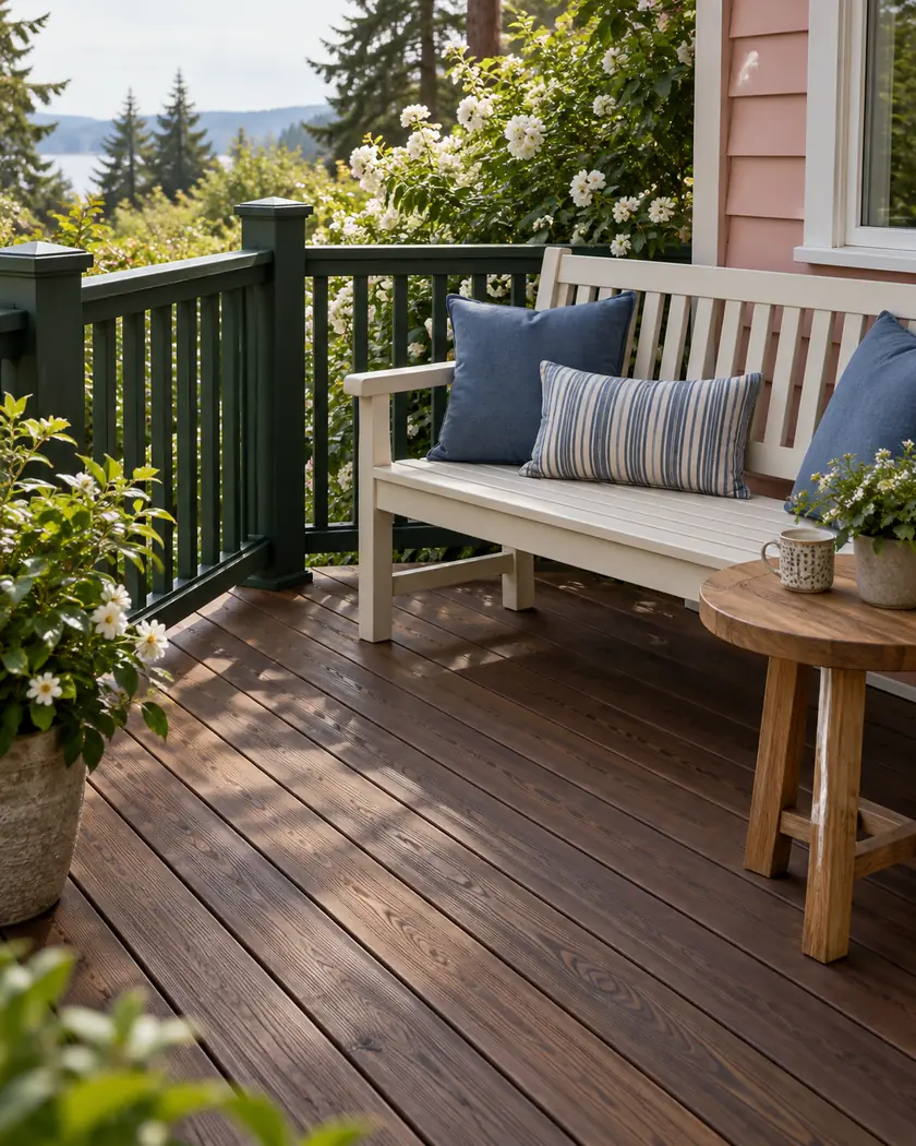 Espresso wood deck with deep-green vertical rails, an ivory bench with blue cushions and a round wood table.