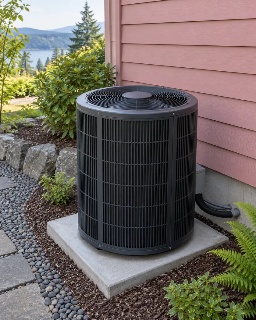Round graphite outdoor condenser with a top fan on a concrete pad beside rose-pink siding.