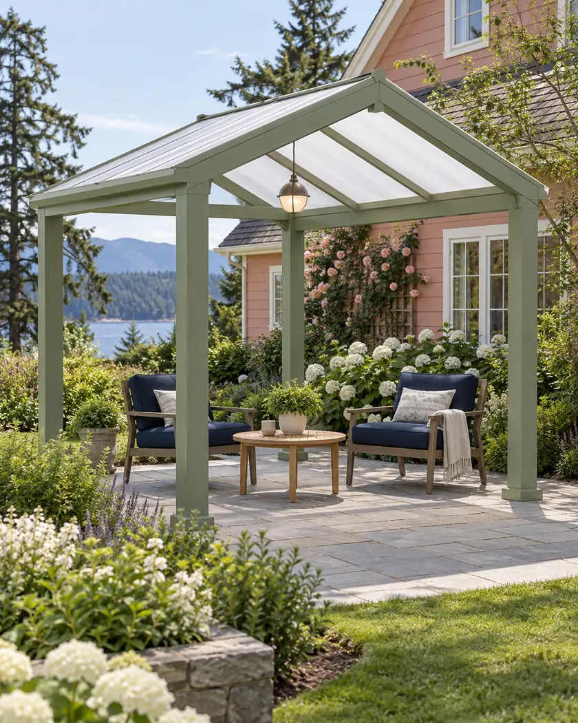 Sage-green freestanding gabled patio cover with a pale translucent roof and pendant light above navy chairs.