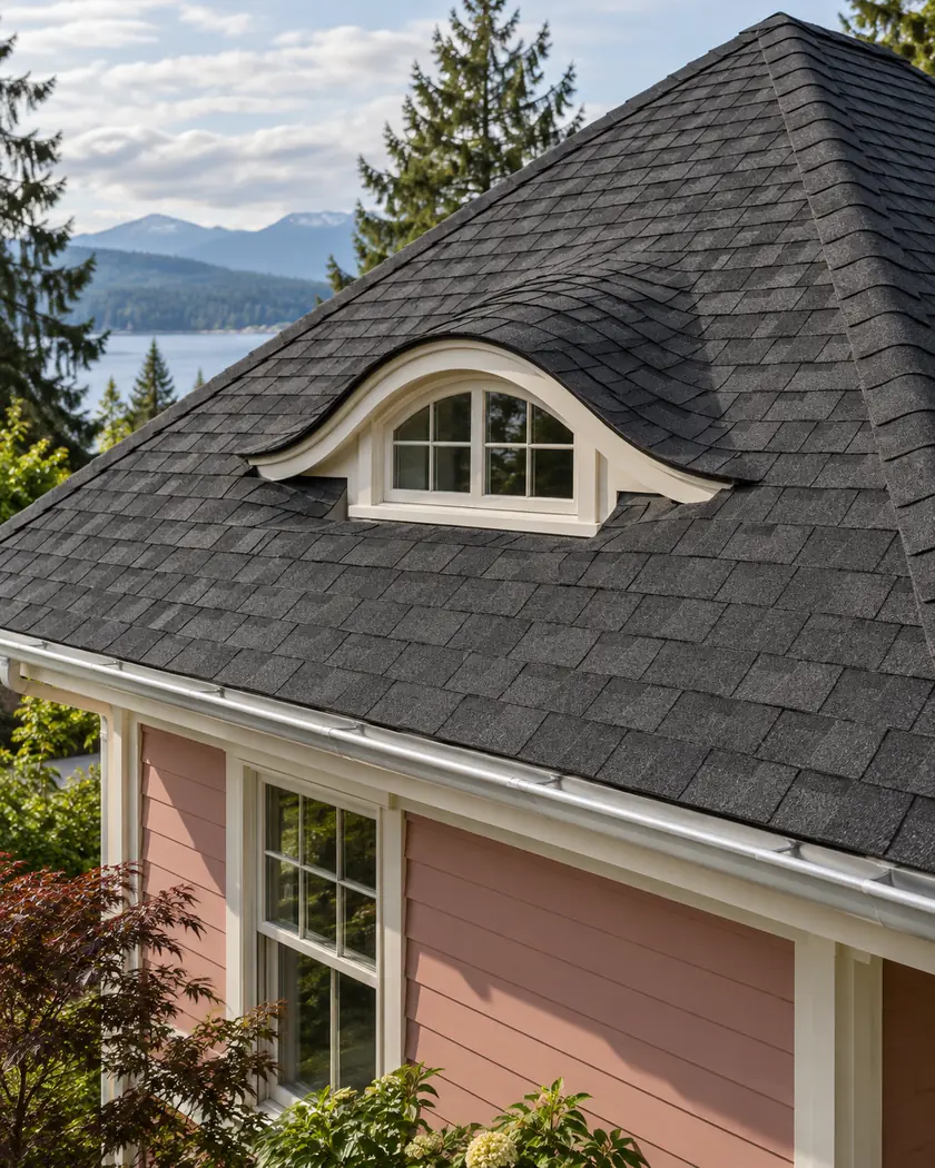 Charcoal shingles at a curved dormer above cream roof trim and rose-pink siding.